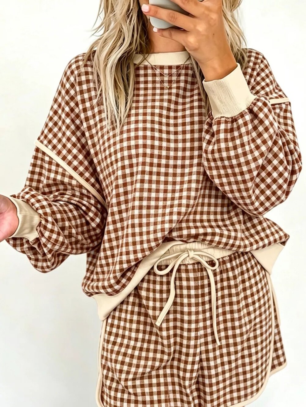 Plaid Long Sleeve Top and Shorts Set